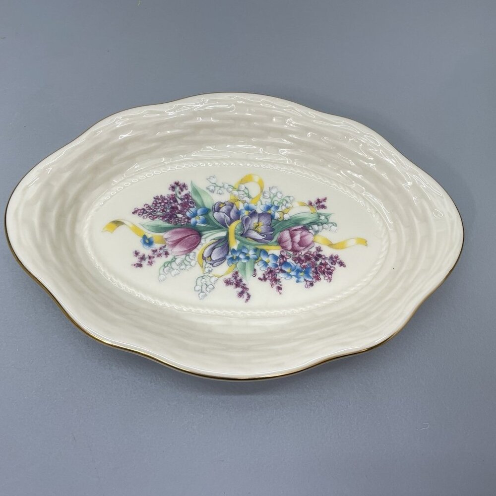 Vintage Lenox Floral Basket Weave Dish Tray Candy Trinket Porcelain Gold Trim